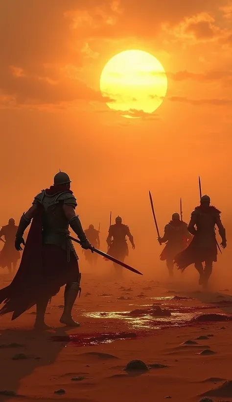 An epic battle in the desert under the scorching sun, with warriors in ancient armor fighting fiercely. The landscape is barren, with sand dunes stretching as far as the eye can see. The sky is burned orange, while blood mixes with the earth.