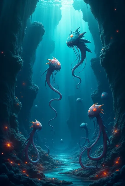 anime style, weird sea creatures, deep underwater