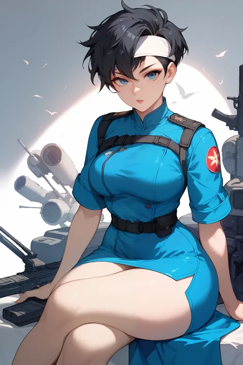  1woman, blue eyes, short black pixie style hair, white headband,Black hair,Anime style,Blue dress  , sitting ,curvy body,zoom on the face,Combat clothing,