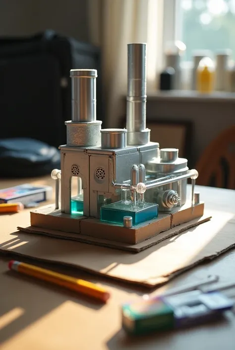   A functional model of a nuclear power plant for a school project ,  built on a cardboard base measuring 50x50 cm . } The model includes a metal cube wrapped in aluminum foil simulating the nuclear reactor ,  transparent tubes connected to a small tank of...