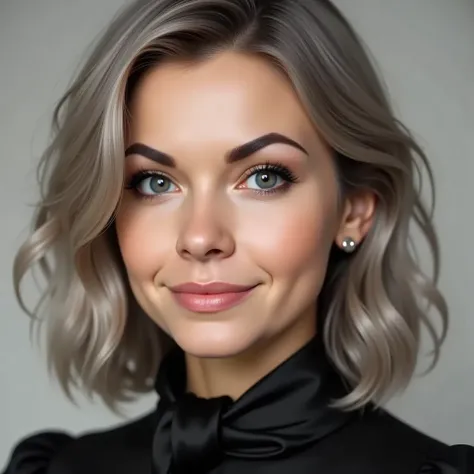 Create a photorealistic portrait of a woman with the following characteristics: Name: Anastasia Petrova Age: 28 years old Skin Color: Beige, with subtle wrinkles on the forehead Face Shape: Oval Eye Color: Bright and attractive blue Eye Shape: Wide and pro...