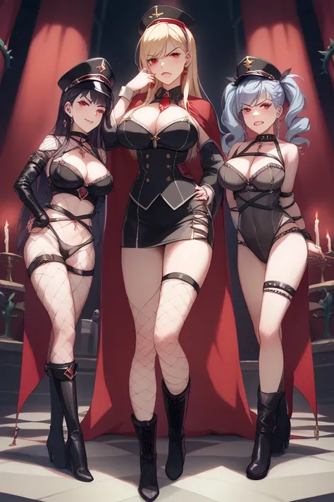 They are lighting up with candles in a dark basement 、BDSM Room.Yakumo Beni,  Big Breasts 、uniform、military cap、 fishnet tights、 long boots、Wearing a cloak、 Do you have twin tails with hair 、The hair color and hairstyle are random 、Red eyes、  3women in the...