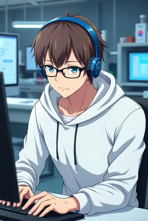 Anime adult male with white hoodie, short brown hair, glasses, blue headphones working in the lab, blue eyes