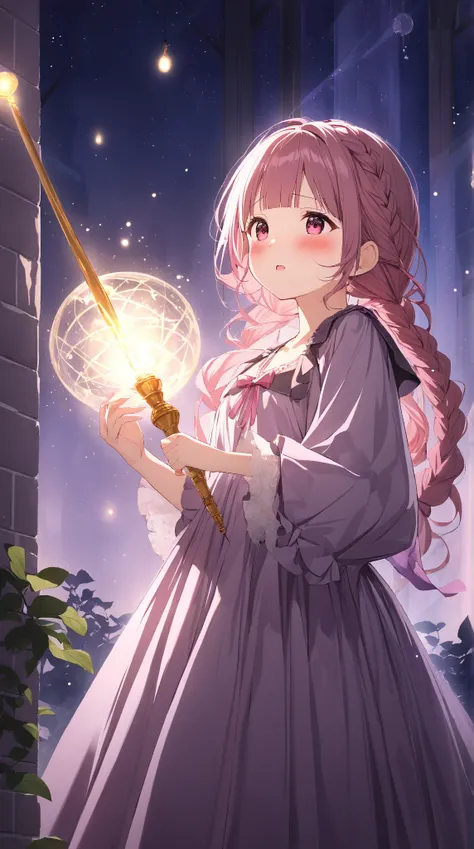 1 girl, ( cute face),  braid hair, to many hairstyle, (blush:1.4),  embarrassed expression,  small breasts,  witch costume ,  magic wand, Delicate skin, break,  soft light , (Mysterious Light:1.2), (Atmosphere of Love :1.3), break,  Magical Night , Shining...