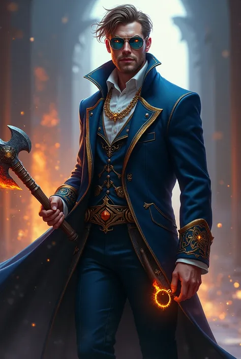 "Depict Declan Hall, a celestial warlock, in a dramatic and mystical setting. He is a tall, clean-shaven human noble in his late 20s with brown hair. His striking orange-gold eyes, partially concealed by stylish blue-tinted glasses, hint at his celestial c...