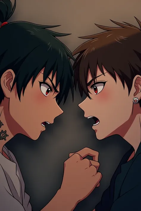  Take a picture of a boy with black hair taken in a tail , with a frown and red eyes .  He is on his back with another boy with brown hair shorter than him at shoulder height with brown eyes and piercings,  tattoos on his neck and also with a frown .