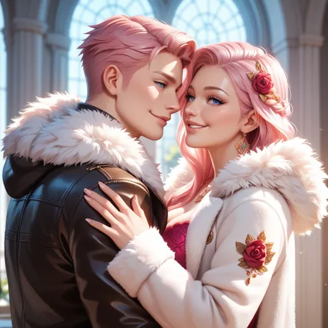 high quality, detailed, beautiful light pink hair, beautiful light eyes,male, beautiful LIps,fur jacket,simple blackground,smile,piass,couple,