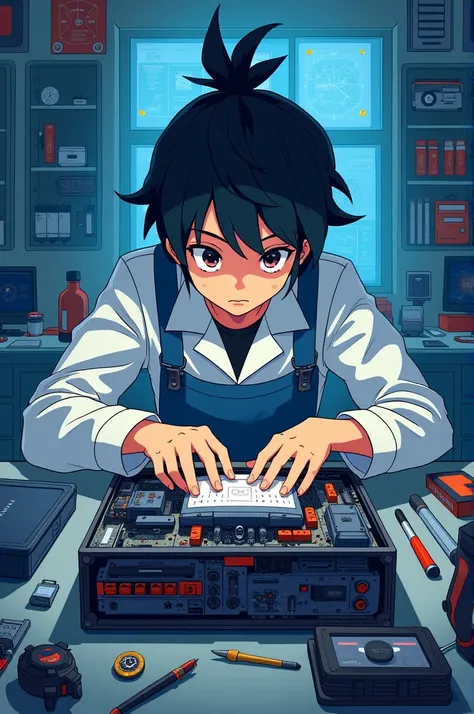 Create an image of a technician assembling a computer in anime format 