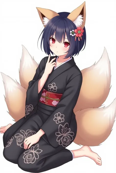 1 woman, solo, looking at viewer, short hair, bangs, dark blue hair, hair ornament, red eyes, animal ears, sitting, tail, full body, flower, japanese clothes, hair flower, kimono, animal ear fluff, fox ears, fox tail, floral print, fox girl, multiple tails...