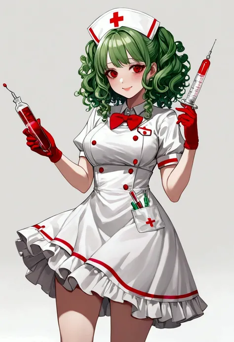 Best quality, masterpiece, [(white background: 1.5):: 5], mid shot, whole body, cute anime girl, nurse, gorgeous dress, gloves, green curly hair, exquisite dress, bow tie, ruffles, ribbon, bandage, huge syringe, pill, red cross, single-sided eyeshade, love...