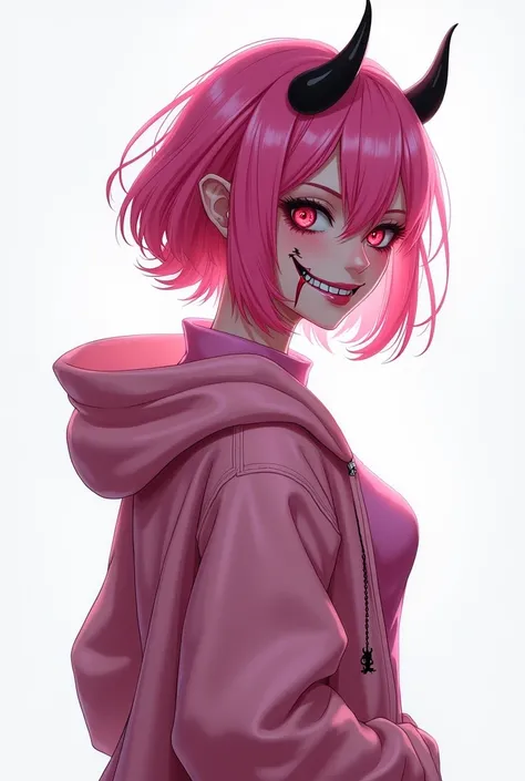 ( evil smile tie, Gloomy face:1.2), 1 girl, rnd1 ,  Pink hair, collections, Pink shirt, ( pink hooded jacket :1.2), short jacket, (white background:1.4),( upper body , from behind:1.6),  looking back ,devil,sexy