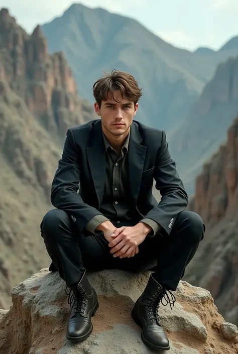 Black suit、A 25-year-old man with a worried face 、In the foreground of this 8K ultra high definition image, he is sitting on top of the mountain.。The about-up shot focuses on his upper body.、 captures all the intricate details of the worn fabric and distre...