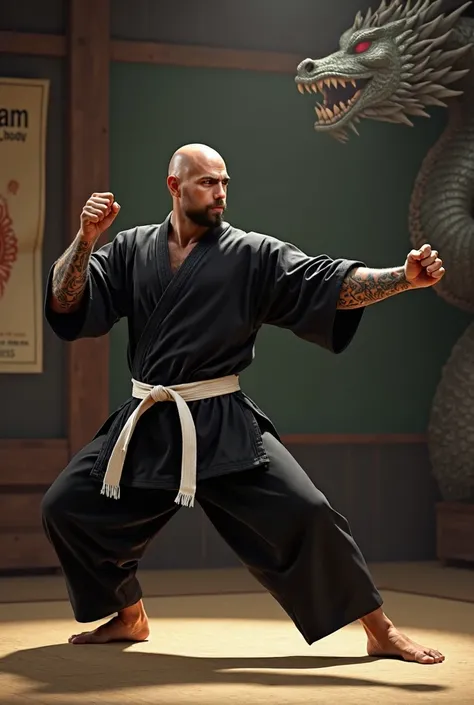  38 year old boy ,  shaved head at one ,  medium leafy beard ,  black taekwondo kimono with white belt ,  tattoos arms and hands ,  right arm punching , barefoot,  flexed legs , (backlit),  behind the background a realistic dragon, Tatami floor,  poster na...