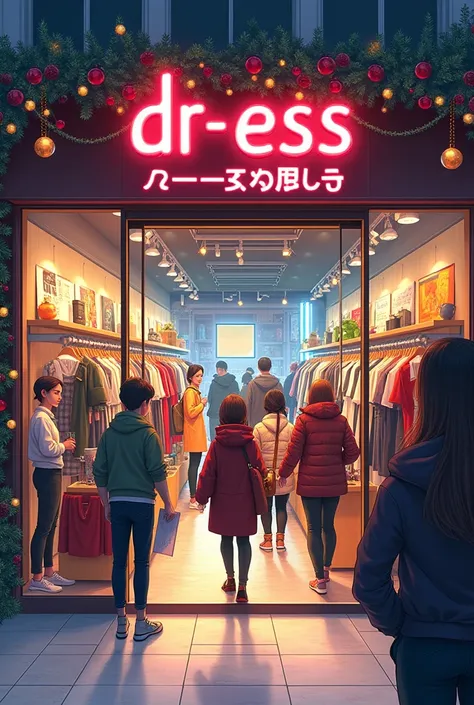 tạo cửa hàng trang phục biểu diễn tên "DR-ess store" , sale vào ngày lễ giáng sinh, mọi người vui vẻ mua hàng cầm trên tay potser