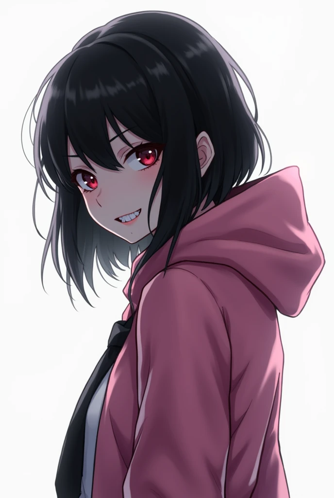 ( evil smile tie, Gloomy face:1.2), 1 girl, rnd1 ,  black hair, collections, ( pink hooded jacket :1.2), short jacket, (white background:1.4),( upper body , from behind:1.6),  looking back , devil,sexy