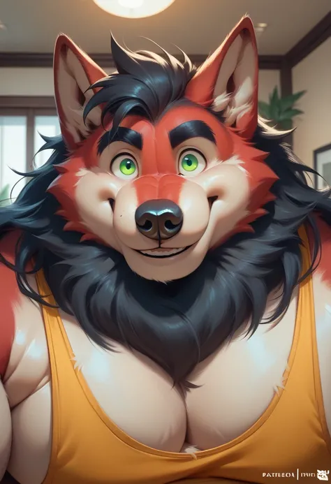 overweight wolf, (((wolf))), canid, furry, (morbidly obese, fat, excess fat), ((red fur)), (big eyes, green eyes), male, long snout, black nose, (((focus on face))), (black eyebrows), ((thick fur)), ((looking at the viewer, smiling)), ((fat neck)), yellow ...