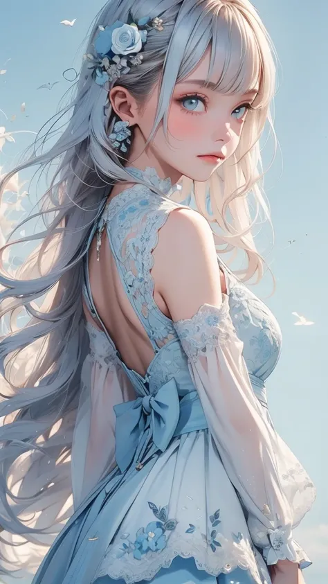   movie poster with a young woman as the main character、(White and light blue long hair  :1.3)、Glare、 Her face has a fixed expression  ,  gorgeous dress with beautiful white and light blue lace surrounded by light blue roses、Layering、The background is dark...