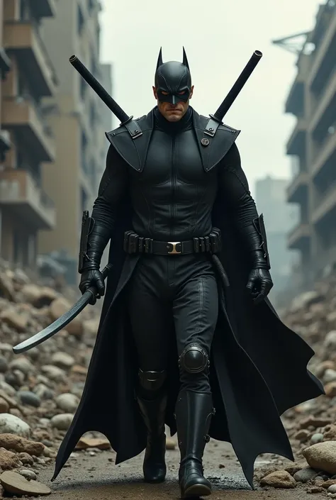 He plays a superhero is going on a rock his costume a black suit and two katanas on his back the setting is a destroyed city and he gets hurt makes him fall make him on the ground