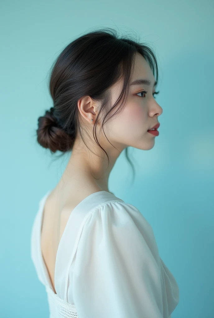  best quality,masterpiece, ultra high resolution,(Realistic:1.4), one girl , In the studio,  on a pastel blue background, profile, facing sideways 