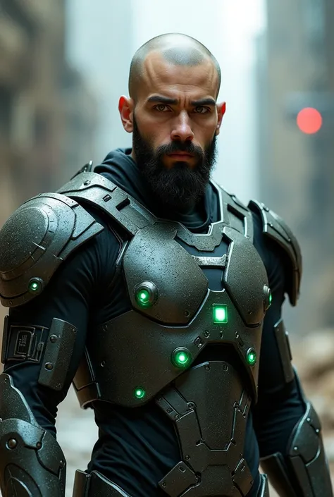 Bald, shaved head, beard, young, jewish soldier, glowing green eyes, futuristic armor nano suit, hexagon armor