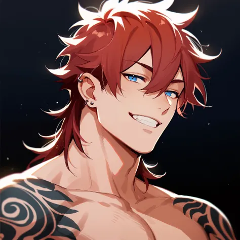 muscular , tattooed, piercings, messy mullet hair, red hair, blue eyes, smiling, dark background, face and bust focus