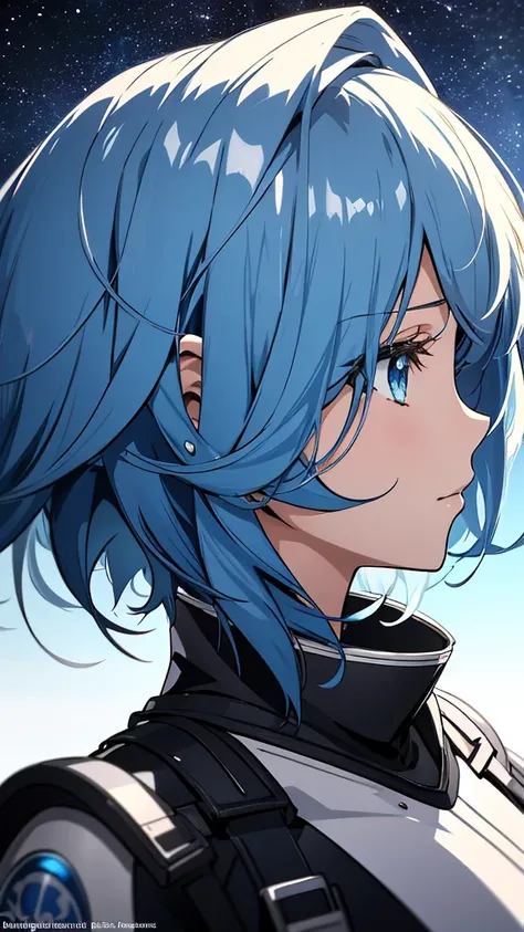 Blue haired blue eyed anime girl looking up , watermark:-1, Blue sky, by Ai-Mitsu, Artbook Artwork,  Anime Illustration , Azure.  detailed hair,  SHORT HAIR IN PROFILE , digital  Anime Illustration , Anime PostersMovie StillsPortrait, Portrait of a knight ...