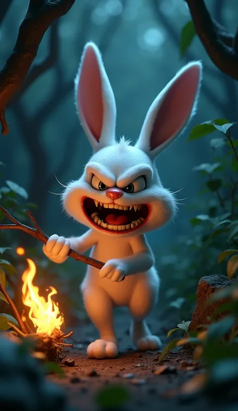 White rabbit (anger and tear) with fire stick in her hand walking in jungle in dark night 3d animated cartoon