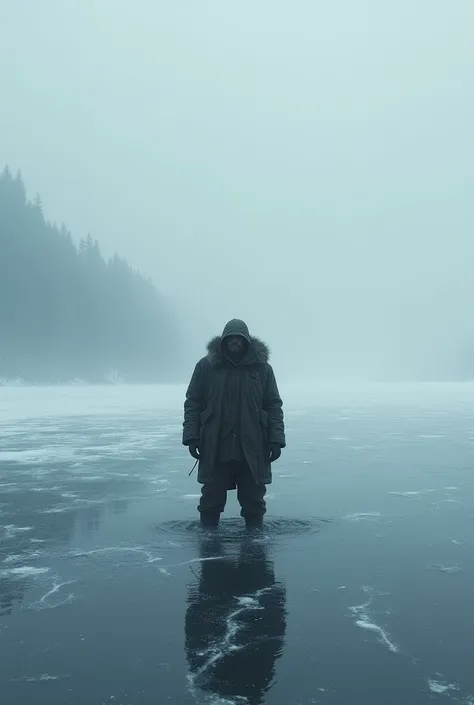  Dembo standing in the icy waters of the lake, wrapped in cold 
