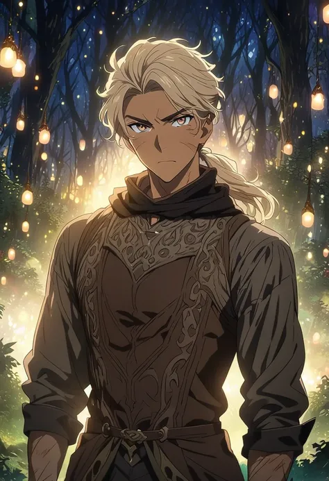 ((masterpiece, best quality)), anime illustration, (beautiful detailed) masculine man, muscular frame Ash-blond, slightly wavy, loose short ponytail, Bright amber eyes, Sun-kissed tan with faint scars, thief, fantasy clothing, extremely detailed, Setting i...