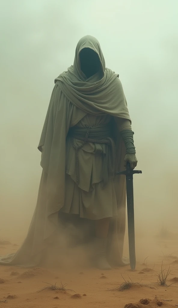 The figure of a warrior fallen, with empty eyes and a broken sword beside him, as his soul begins to detach from his body. In the background, a thick mist engulfs the desert, suggesting he is trapped between two worlds.