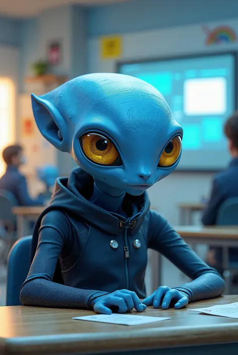  a blue-skinned alien student with big golden eyes , wearing a futuristic school uniform ,  sitting at a desk in a bright classroom filled with advanced technology and alien books