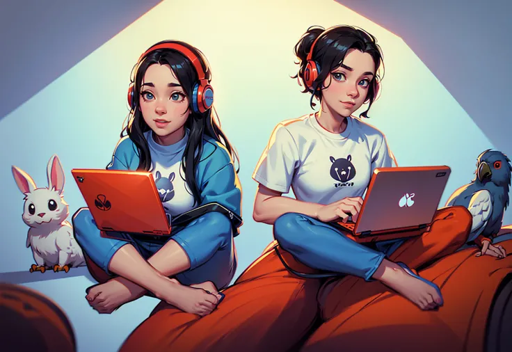 illustration of a couple sitting on the floor with a laptop and headphones, illustration style, animation style, teenager hangout spot, animation illustrative style, playing video games, vibing to music, playing games, animated style, in style of atey ghai...