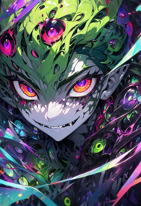 Masterpiece, ultra detailed, 20th generation , beautiful face character art, vibrant colors eyes, 4K, 8K, sharp focus, 2D, focus face, 1 boy, anime teenager male, young boy, green skin, colored skin:green2, multicolor eyes detailed, dark green hair, front ...