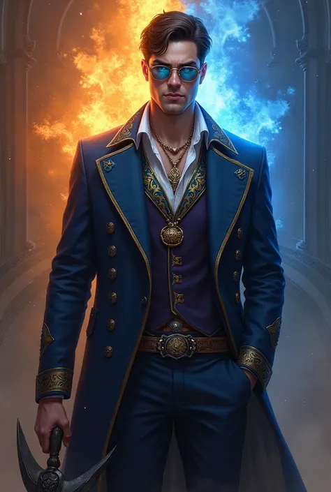 "Depict Declan Hall, a celestial warlock, in a dramatic and mystical setting. He is a tall, clean-shaven human noble in his late 20s with brown hair. His striking orange-gold eyes, partially concealed by stylish blue-tinted glasses, hint at his celestial c...