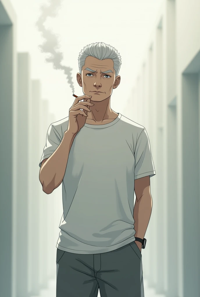 A man with gray hair, gray eyes, white skin, anime, wearing a white T-shirt, gray shorts, standing smoking