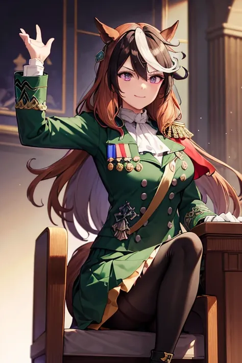 symboli rudolf,one person、girl、Horse tail、purple eyes、best quality,large breasts,Green coat, green military jacket,  green skirt, red cloak, white gloves, black tights,golden epaulettes ,Medals, gem,Button closure, full body,seductive smile,Perfect hands、C...