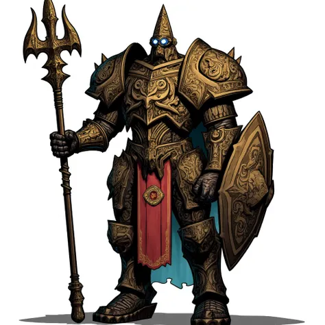 { "prompt": "Design a towering Warforged Cleric of the Forge with a metallic body intricately crafted with fine details symbolizing creation and destruction. The character is a religious leader of a temple dedicated to the Divine Forge, combining strength,...