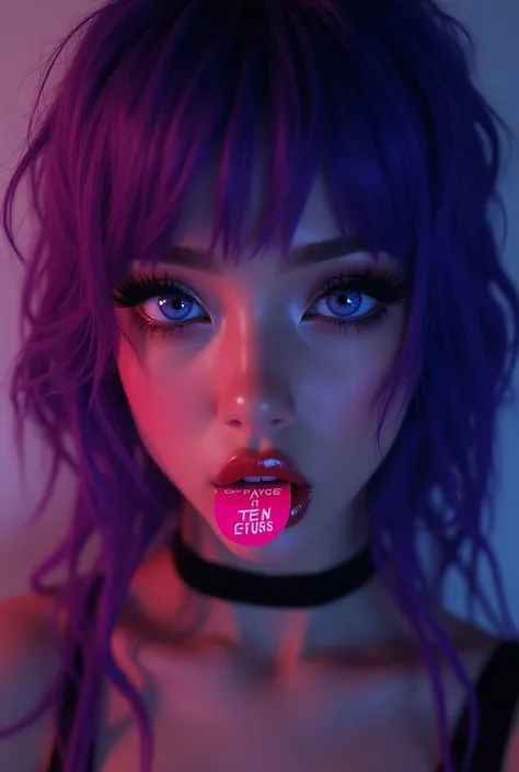  Pink sticker on the tongue,  sexy girl, Purple hair, neon blue eyes ,