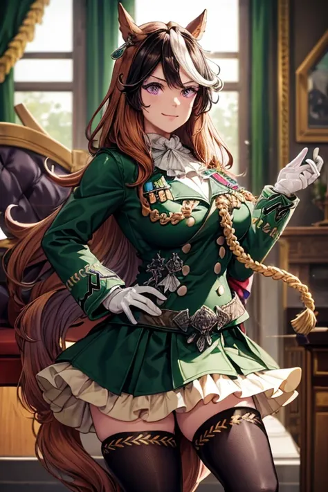 symboli rudolf,one person、girl、Horse tail、purple eyes、best quality,large breasts,Green coat, green military jacket,  green skirt, red cloak, white gloves, black tights,golden epaulettes ,Medals, gem,Button closure, full body,seductive smile,Perfect hands、s...