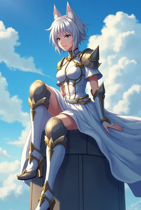  with silver hair in a wolf cut ,  perched atop a tower ,  looking at the horizon. Her blue eyes shine with determination, hairstyle is about to fight with fiery kicks ,  long metallic booties .  her eyes are squinted and she has a mocking smile,Her white ...