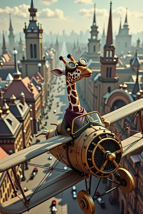 Small giraffe wearing goggles and scarf flying an open canopy Steampunk airplane over a Victorian city