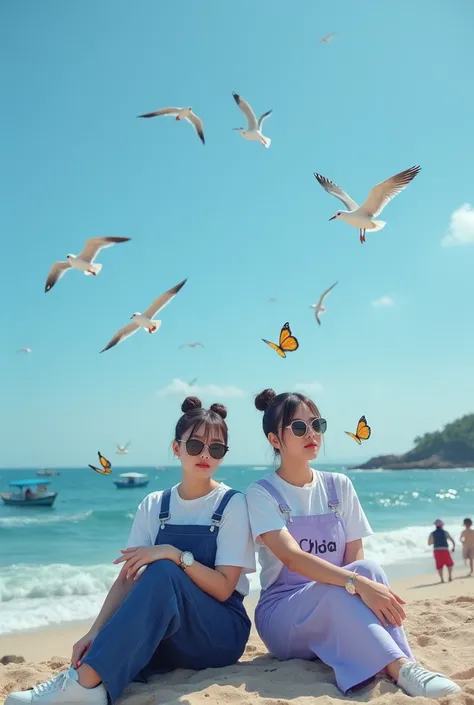 2 Beautiful Indonesian women, smooth white skin, well-groomed face, Korean style bun hair with bangs, white t-shirt , wearing (indigo and lilac blue jumpsuit with the words "OPAY" "CHIA"), wearing sunglasses, cool watch, wearing color white shoes, sitting ...