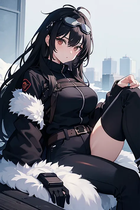 Hot girl, Beautiful long black hair, dark brown eyes, snow goggles over her head, black pants, big but medium breasts, A black jacket with Whitefur, long black sheer socks, at a roof top, cozy area