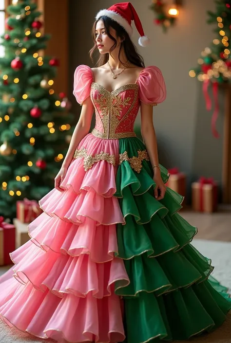  Show me images of a womens dress that matches pink, gold and green to remind me of Christmas .  Something similar to Mother Claus or Christmas elf 