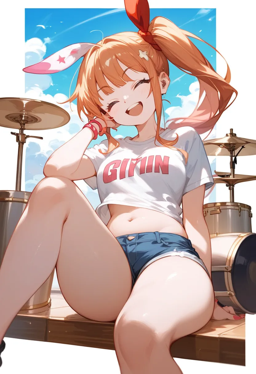 ijichi nijika、 side ponytail 、short white t-shirt、belly button、 denim shorts、triangular idiot hair、 exercise sitting、 thighs are...