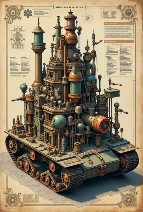 Steampunk blueprints Complex mini town on a tank