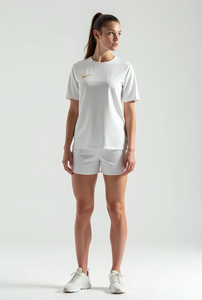 Full body lady modeling with white soccer t-shirt and shorts attached
