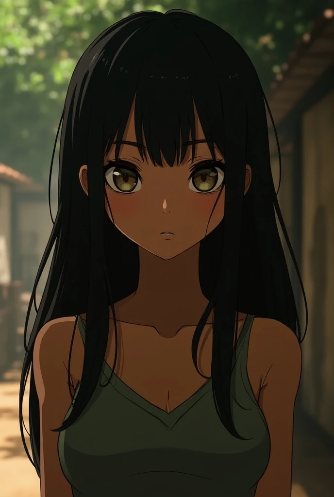  20-year-old girl from Mexican factions ,round face,  brown skin, brown and green eyes ,  straight black hair at shoulder level, slim, with a semi-realistic Manhwa animation style