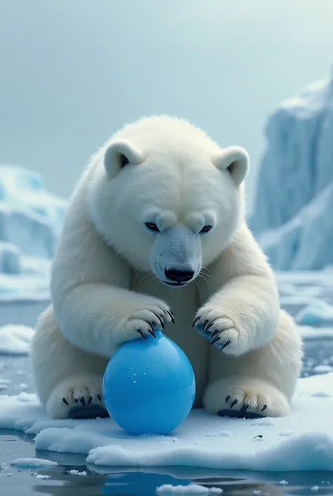 A white bear that lives in the Arctic is sad because his blue plastic balloon broke with his hands