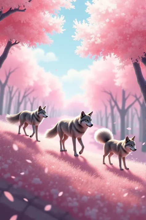 Cherry blossom season falls on the hill voiw couple of wolves and foxes